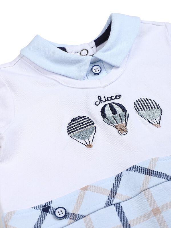 Boys White & Light Blue Short Sleeve Knitted Romper image number 2